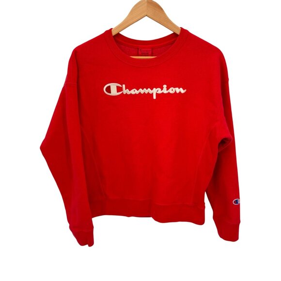 Champion Logo‎ Reverse Weave Sweatshirt Womens Medium Red Cotton Polyester - Picture 1 of 9